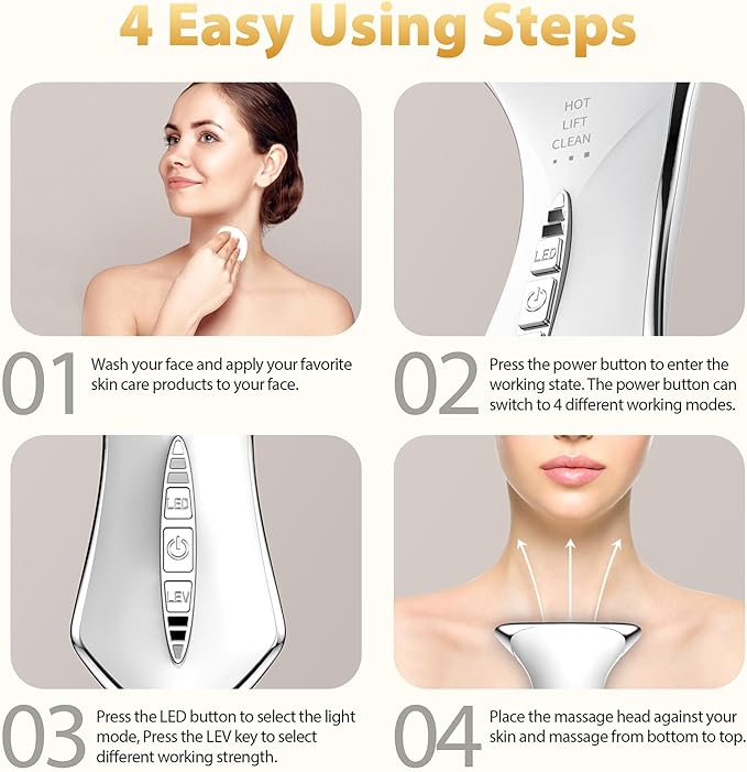 True Beauty Glow Facial Massager for Neck Care, Red Light for Face,Water Resistant 5-in-1 Led Facial Sculptor (White-Silver)