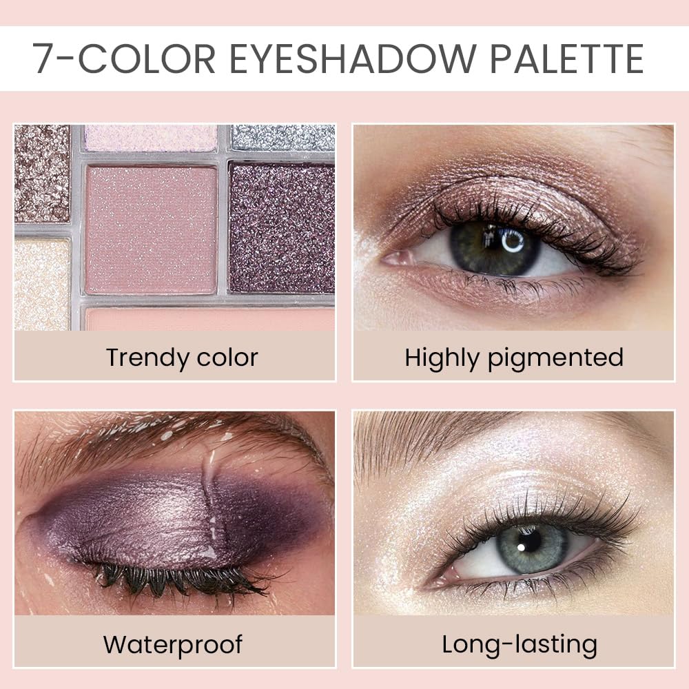 Seven Color Matte Shimmer Eyeshadow, 7 Gray Nude Champagne Gold & Purple Rose Gold Yellow Series Pressed Powder Eyeshadow, Daily Silky Makeup Eyeshadow Palette,Easy to Carry,Vegan & Cruelty-Free, 25#