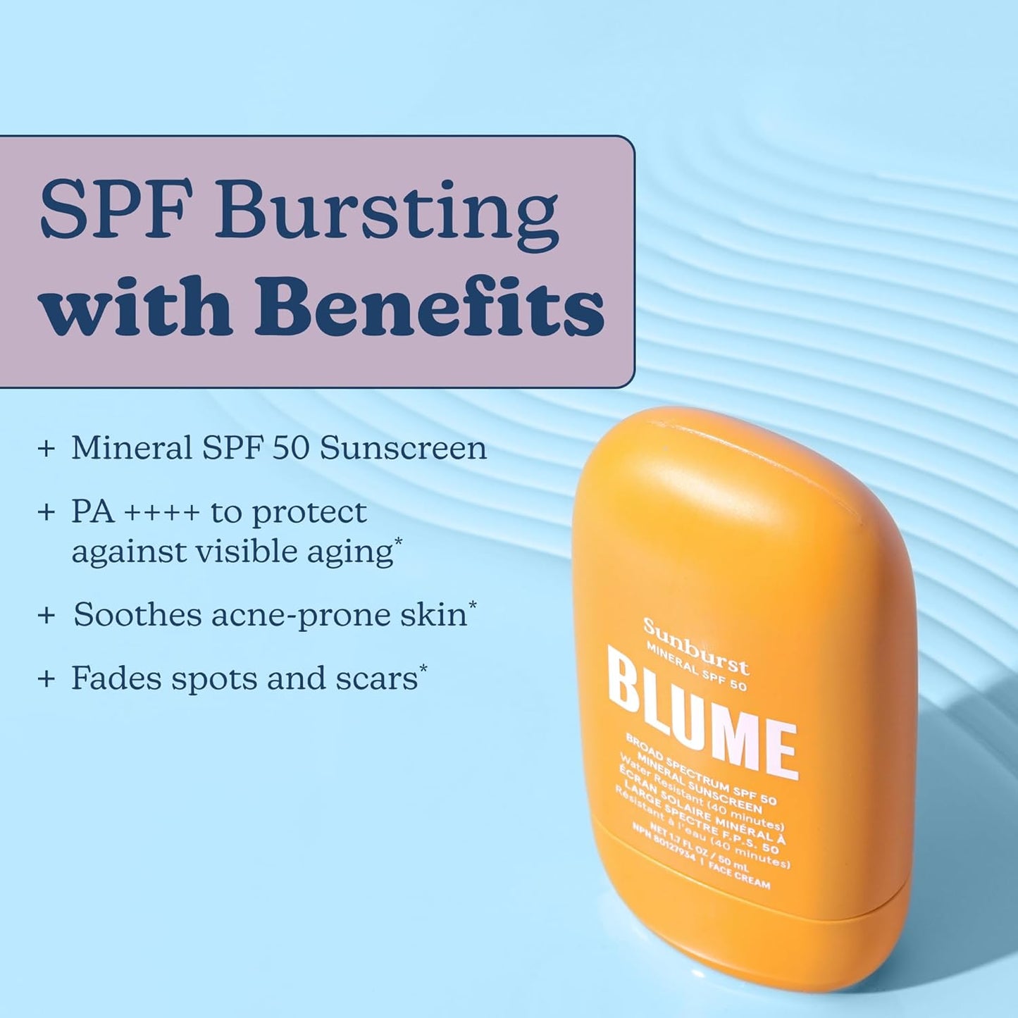 Blume Sunburst Broad Spectrum SPF 50 Mineral Sunscreen - Hydrating & Soothing Face Sunscreen with Zinc Oxide and Niacinamide - Tailored For Sensitive Skin - Vegan (1.7 Ounce)