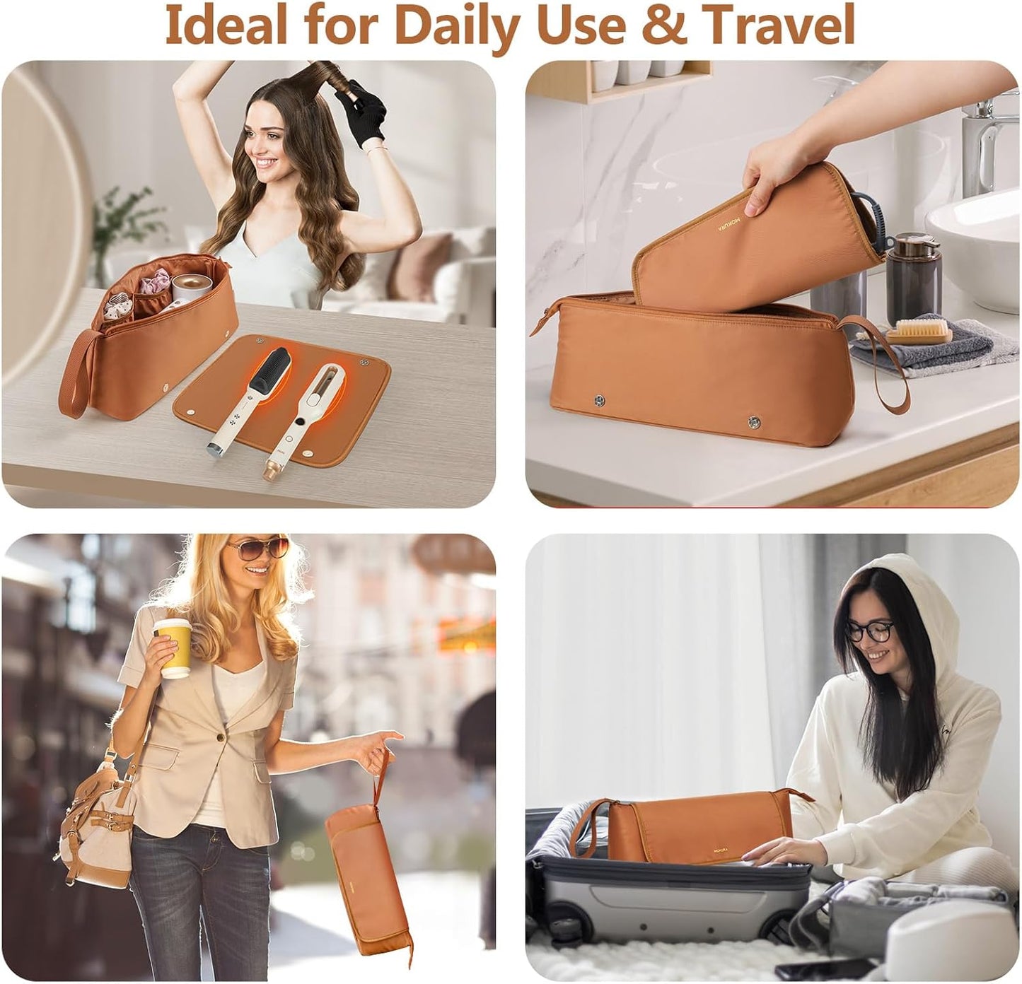 MOKURA Hot Hair Tools Travel Bag with Heat Resistant Mat Removable, Hair Accessories Organizer Case, Women Travel Essentials, Storage Pouch for Curling Iron Straightener Flat Iron Hair Dryer, Brown