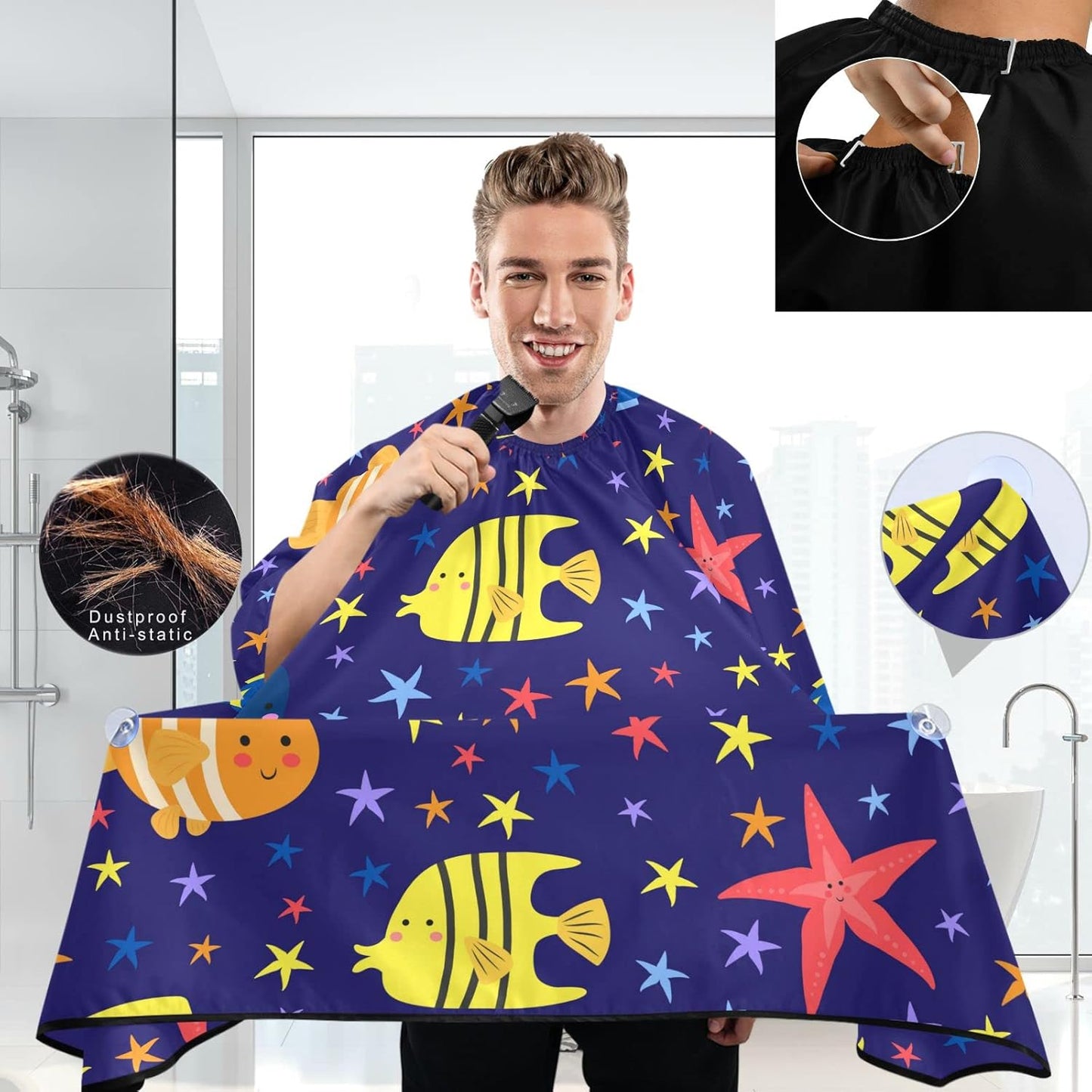 visesunny Barber Cape Sea Fish and Starfish Polyester Hair Cutting Salon Cape Apron Anti-Static Haircut Water-Resistant Shaving Cloth Beard Shaving Bib Hairdressing Cape