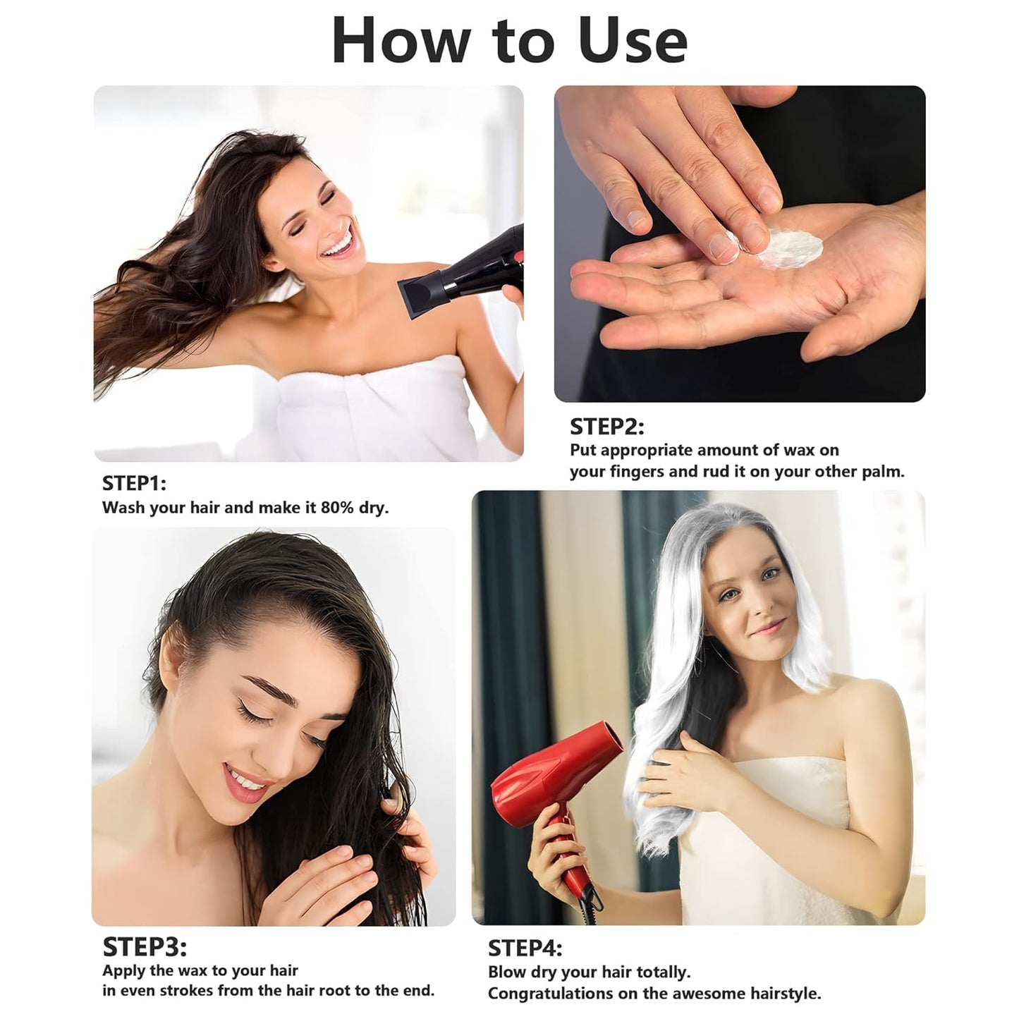 VOLLUCK White Hair Color Wax Pomades 4.23 oz - Natural Hair Coloring Wax Material Disposable Hair Styling Clays Ash for Cosplay, Party (White)