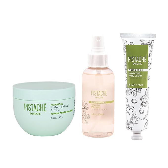 Pistaché Skincare Pistachio Oil Worth the Hype Trio Set + Whipped Body Butter + Hand Cream + Body Mist + Moisturizing + Softening + Vitamin E + Antioxidant Protection