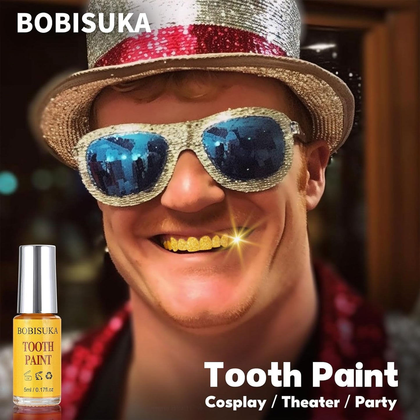 BOBISUKA Gold Tooth Paint, Professional Gold Costumed Teeth Paint - No Streak, Safe, Long Last SFX Tooth Makeup Paint, Perfect for Cosplay, Halloween Makeup, Theater, and Special Effects (5 ml)