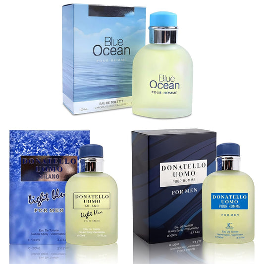 3Pack Men Colognes Combo Set Donatello Uomo&Blue Ocean&Donatello Light Blue 3.4 Fl Oz Each Eau De Parfume Spray with Woody Floral & Fruity Scent Perfume Gift Set Day to Night Use Fragrances