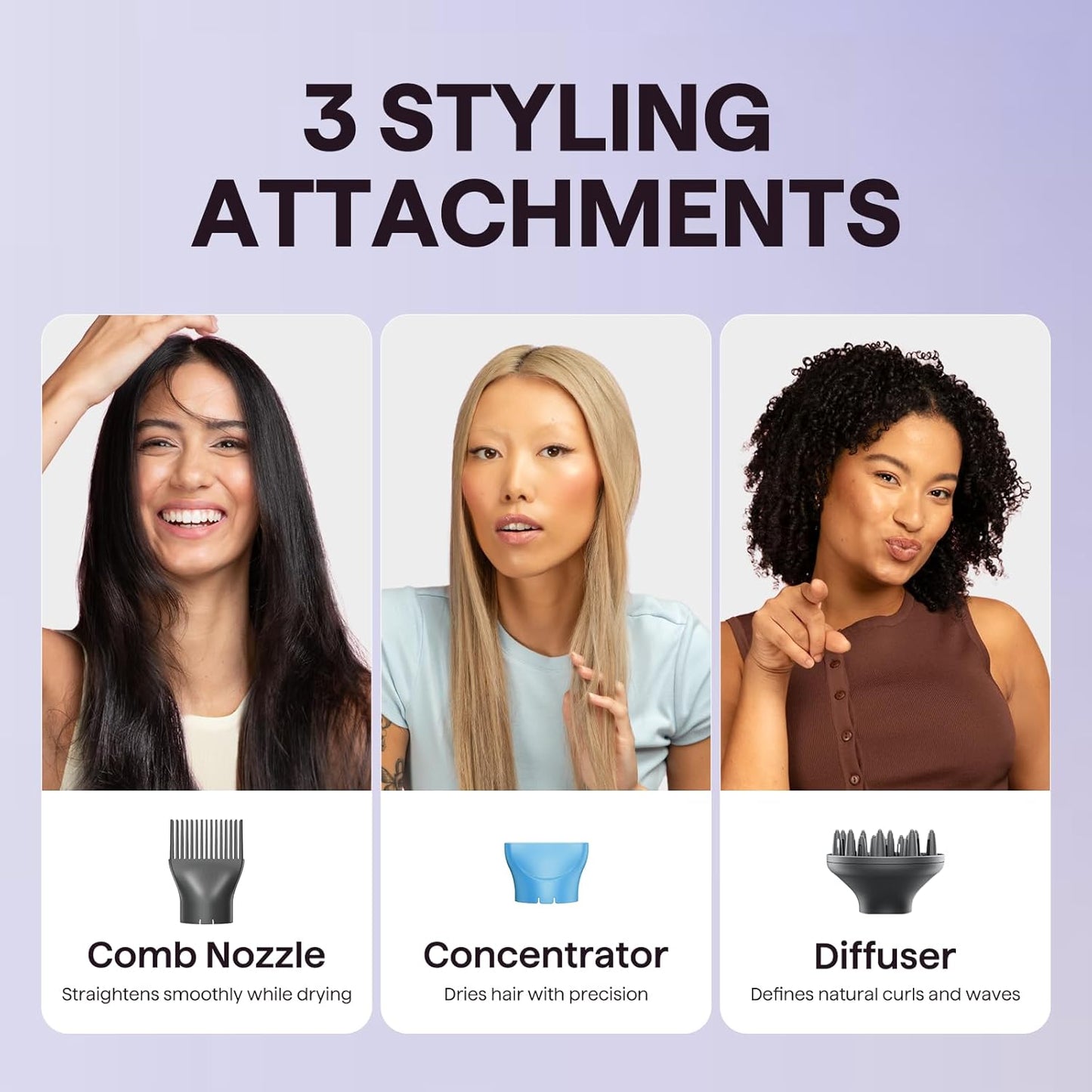 Wavytalk Hair Dryer with Diffuser, Blown Away Ionic Hair Dryer for Curly Hair with Comb, 1875W Fast Drying Blow Dryer with Ceramic Technology, 3 Attachments for All Hair Types, Light and Quiet, Blue