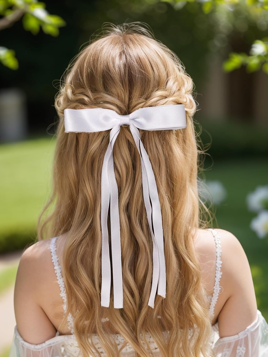 Women's Hair Clips with Tassels, Ribbon Bowknot & Long Tails - 4pcs Barrettes Claw Clips with Bows (Pink, Light Blue, White, Red)