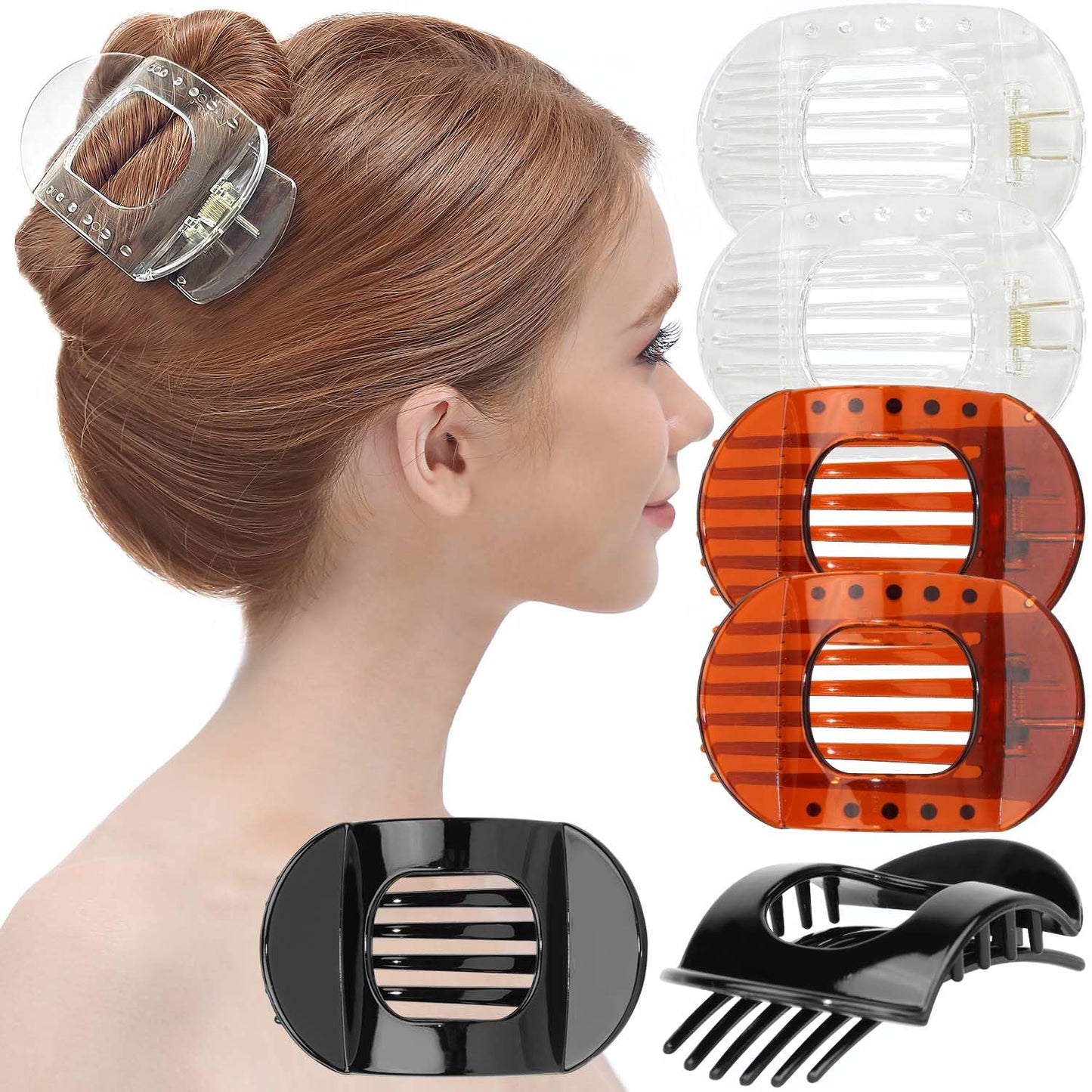 RC ROCHE 6 Pcs Flat Claw Hair Clips for Women Thick Hair French Round Duckbill Square Secure Strong Hold Grip Clamps Barrettes Curved No Slip No Crease Styling Cute, Medium Black, Brown & Transparent