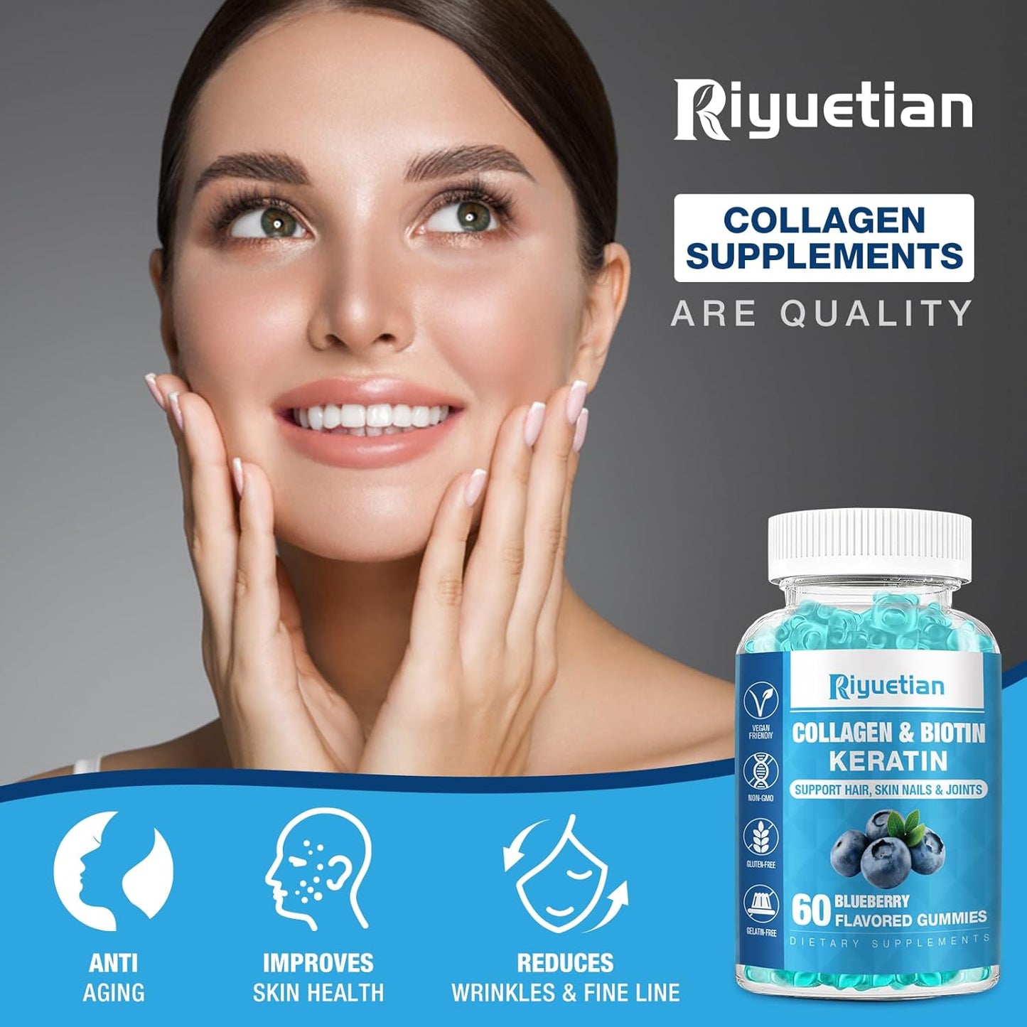 Biotin Gummies 15000mcg with Collagen for Adults Women & Men - Hair, Skin & Nails Gummies with Biotin - Collagen for Woman - Vegan, Non-GMO, Hair Vitamins - 60 Count, 1 Pack