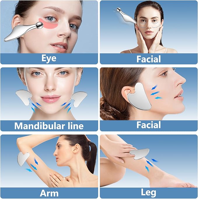 Stainless Steel Gua Sha Facial Tools Guasha for Face Metal Gua Sha Tighten Skin Massage,Guasha Beauty Tool Manual Massage Sticks for Jawline Sculpting,Puffiness Reducing and Body Massager