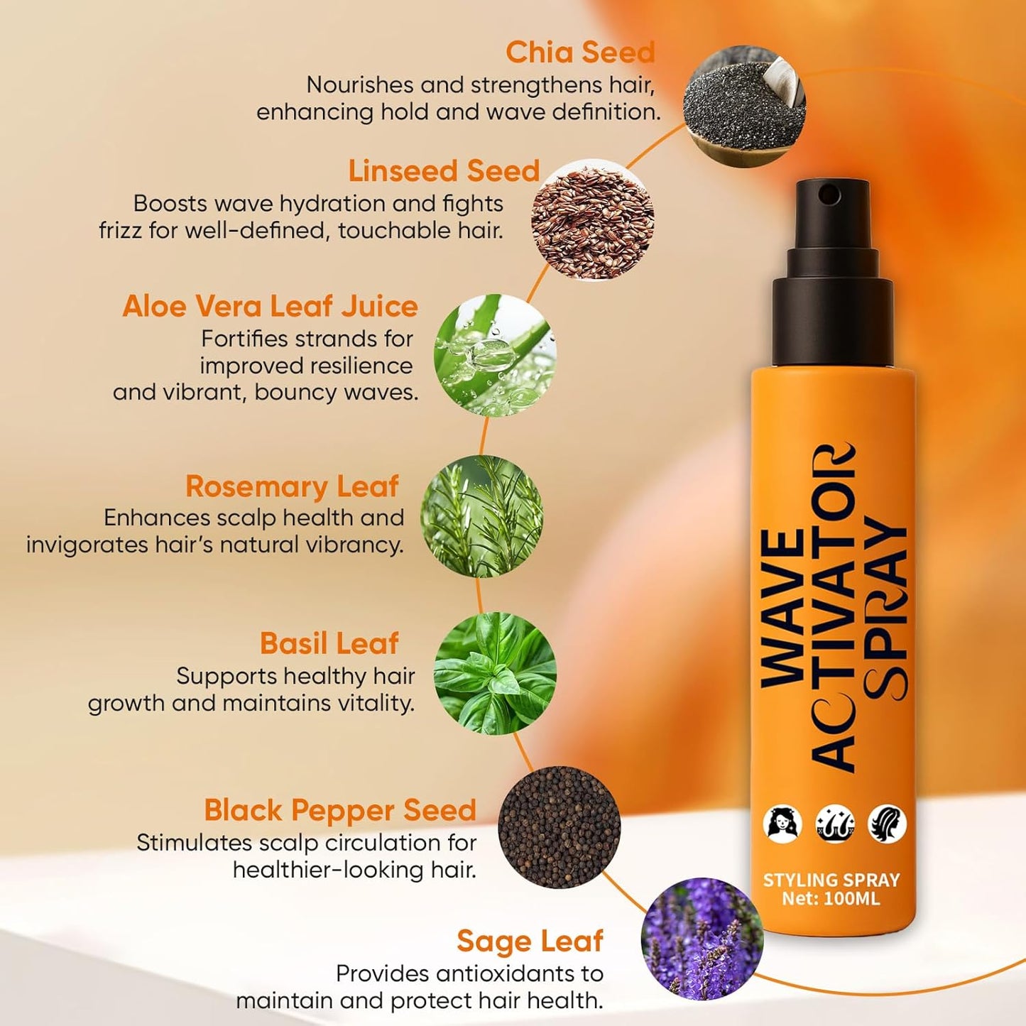 Wave Activator Spray for Curly | Wavy & Coily Hair, Leave in Conditioner Spray with linseed & Aloe Vera,Anti-Frizz, Define & Refreshing Hair Spray 3.38 fl oz