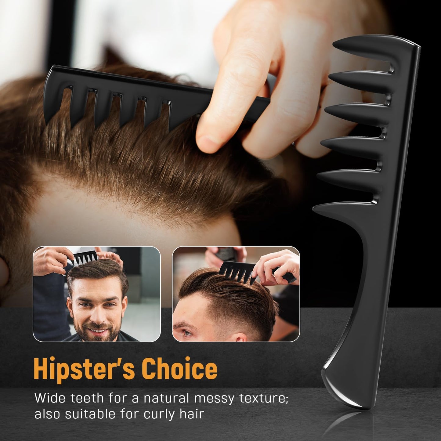 3Pcs Hair Styling Combs Set For Men - Black Barber Wide Tooth Texture Comb For Quiff, Pompadour, Slicked-back, Fauxhawk, Undercut