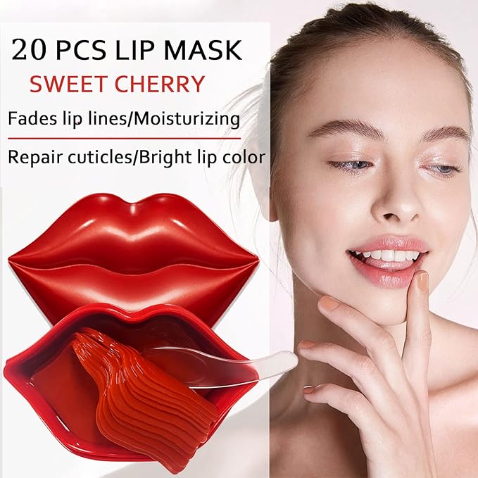Charm Kiss 20Pcs Moisturizing Lip Mask, Lip Sleep Mask Reduces Lip Lines and Restores Moisture, Lip Mask Effectively Nourishes the Lip Skin, Gel Treatment Lip Masks Plumping Lips Mask Lip Care Products (Red)