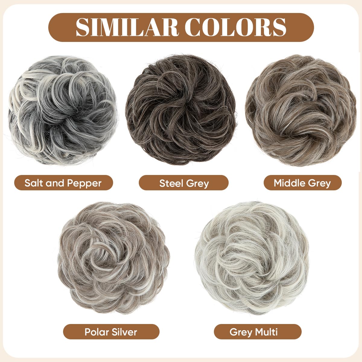 CJL HAIR Large Messy Bun Hair Piece Wavy Curly Scrunchies Synthetic Chignon Ponytail Hair Extensions Thick Updo Hairpieces for Women Grey Multi