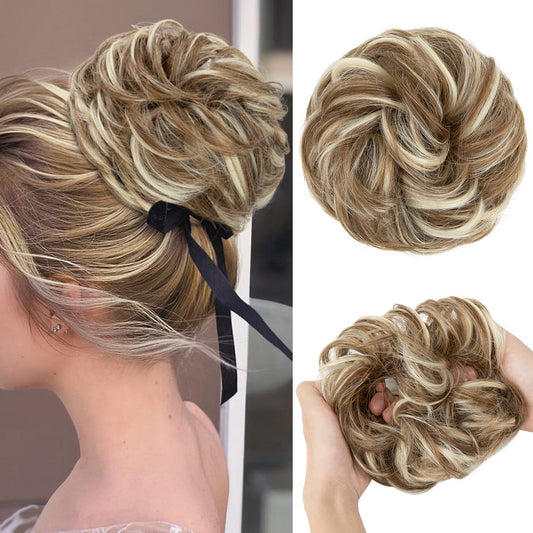 CJL HAIR Large Messy Bun Hair Piece Wavy Curly Scrunchies Synthetic Chignon Ponytail Hair Extensions Thick Updo Hairpieces for Women Bahama Beige