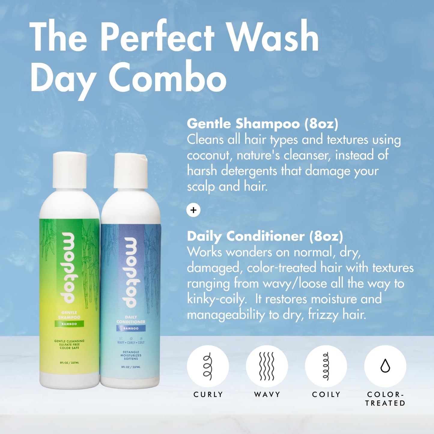 MopTop Sulfate Free Shampoo and Conditioner – Curly Hair Natural Shampoo and Conditioner Helps Restore Dry Damaged Hair & Reduce Frizz, Paraben Free Natural Hair Products for All Hair Types (2pk)