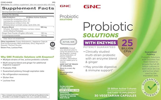GNC Probiotic Solutions with Enzymes 25 Billion 30 Capsules