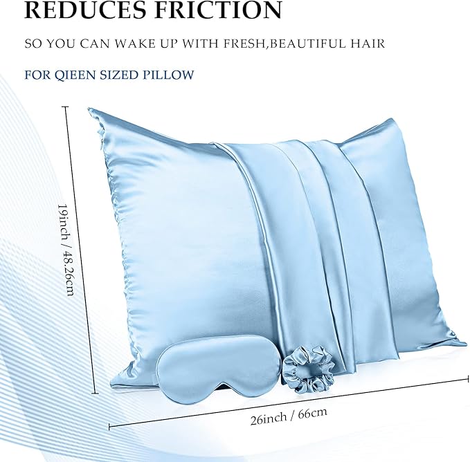 2 Pack Satin Pillowcase with Latent Zipper, Adjustable Satin Eye Mask for Sleeping and Satin Volume Scrunchie for Hair and Skin, Standard Size (Classic Style, Blue)