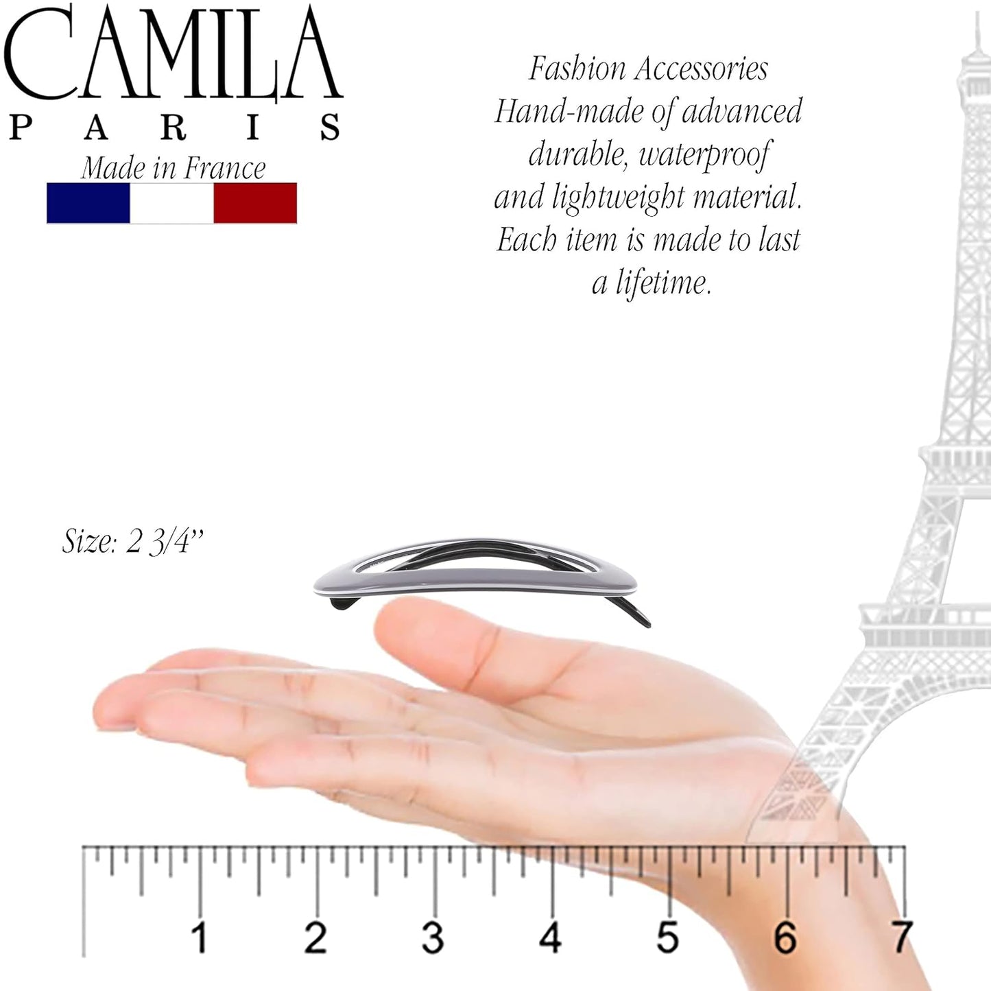 Camila Paris CP3363 French Hair Barrette Clip for Women, Handmade, Gray White, Slide-in Metal-Free Closure, Strong Hold Grip Hair Clips for Girls, No Slip Durable Hair Accessories, Made in France