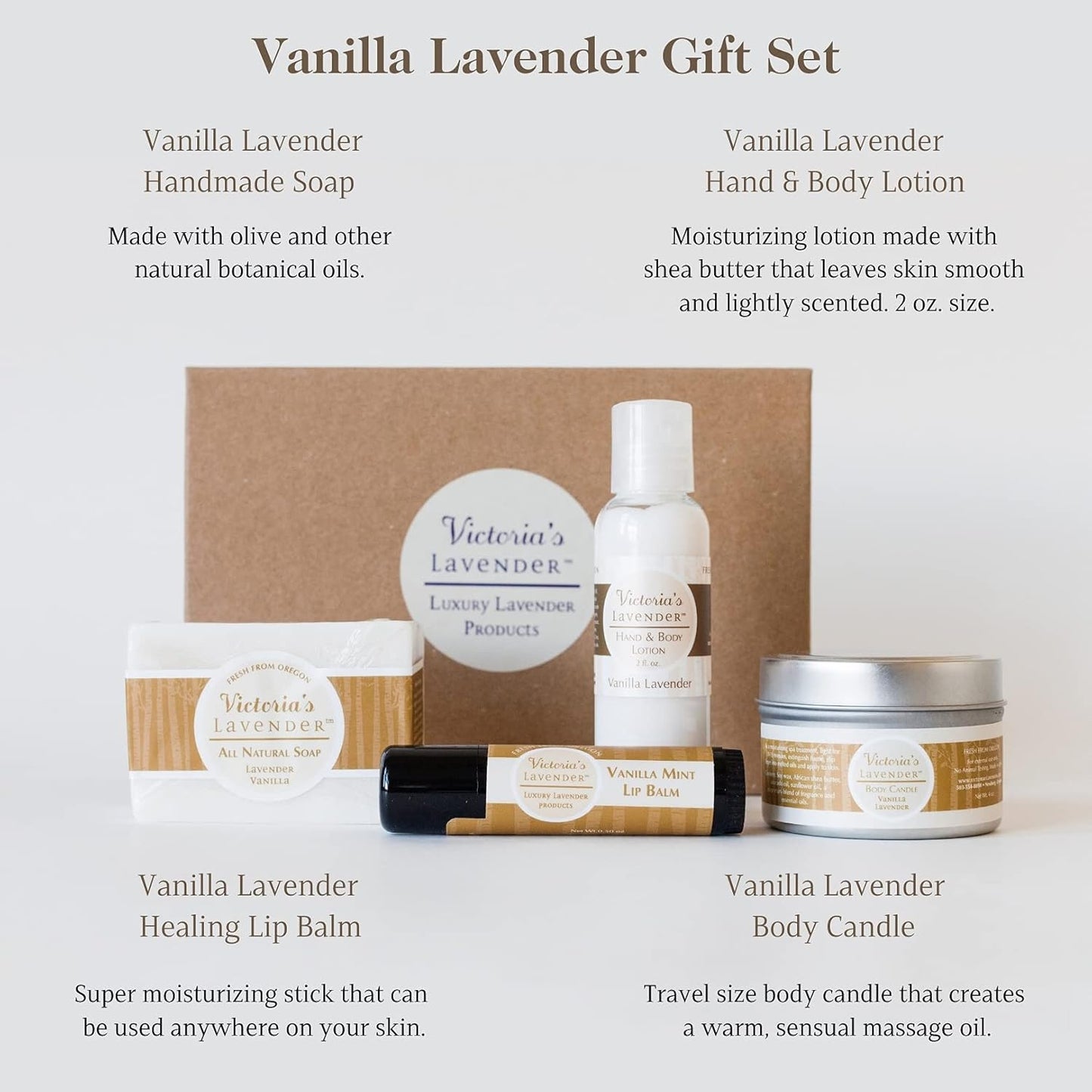Victoria's Lavender Natural Body Products Gift Set - Handmade Soap, Lotion, Lip Balm, Body Candle Skin Care Sets & Kits, Made in the USA Lavender Bath Products for Women, Vanilla Lavender