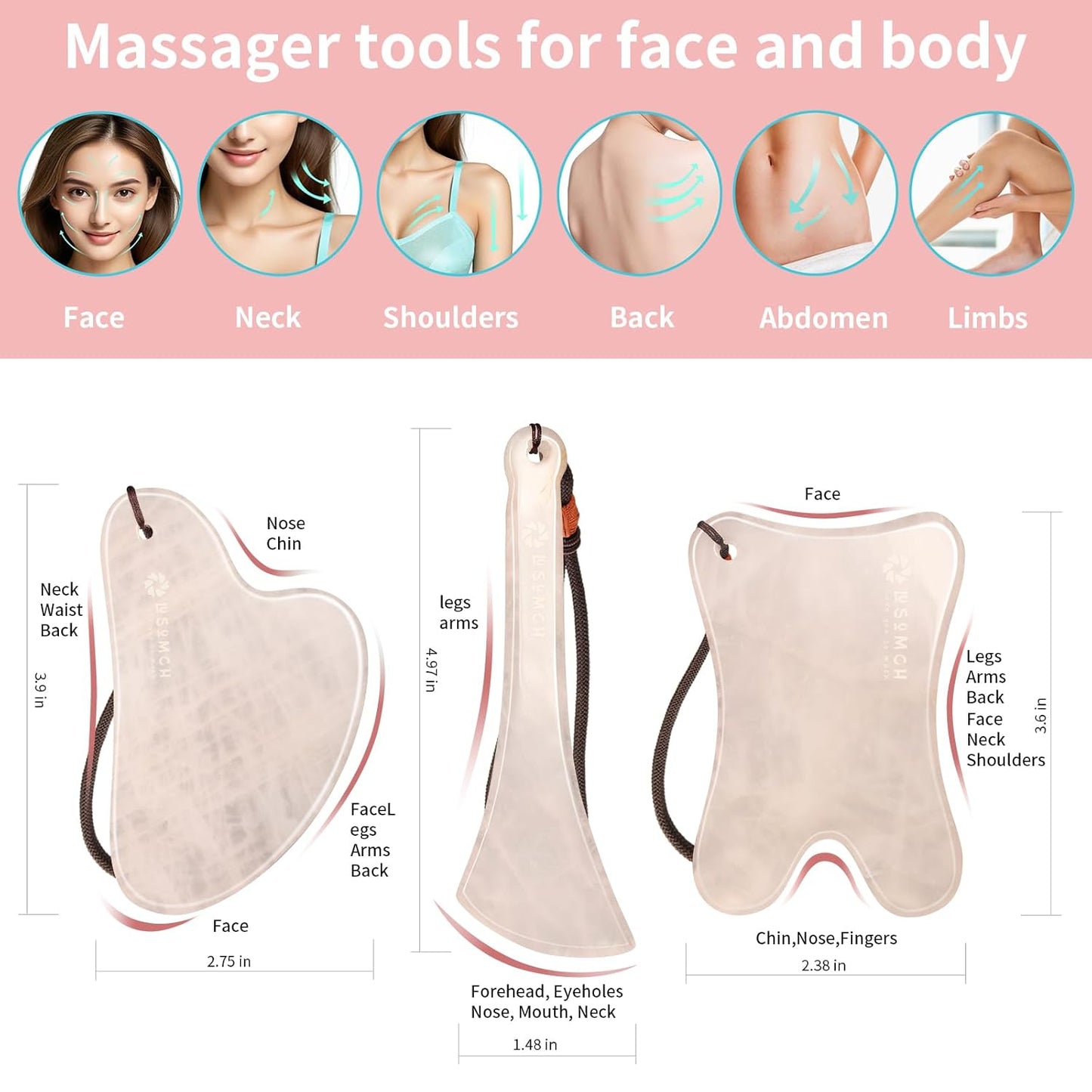 Skin Care Set, 1 Pack 3 in 1 Jade Gua Sha Massager, Pink,Guasha Tool for Face and Body, Truly Beauty Products