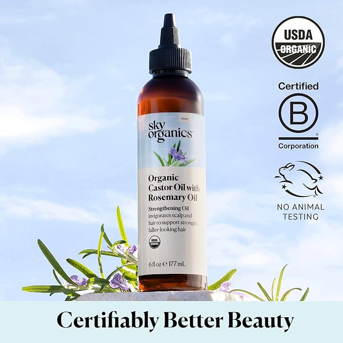 Sky Organics USDA Organic Castor Oil with Rosemary Oil, Strengthening Oil, Pure Potent Blend, Hexane Free, Invigorates Scalp, Supports Stronger, Fuller-Looking Hair, Textured Hair, 6 fl oz w ebook