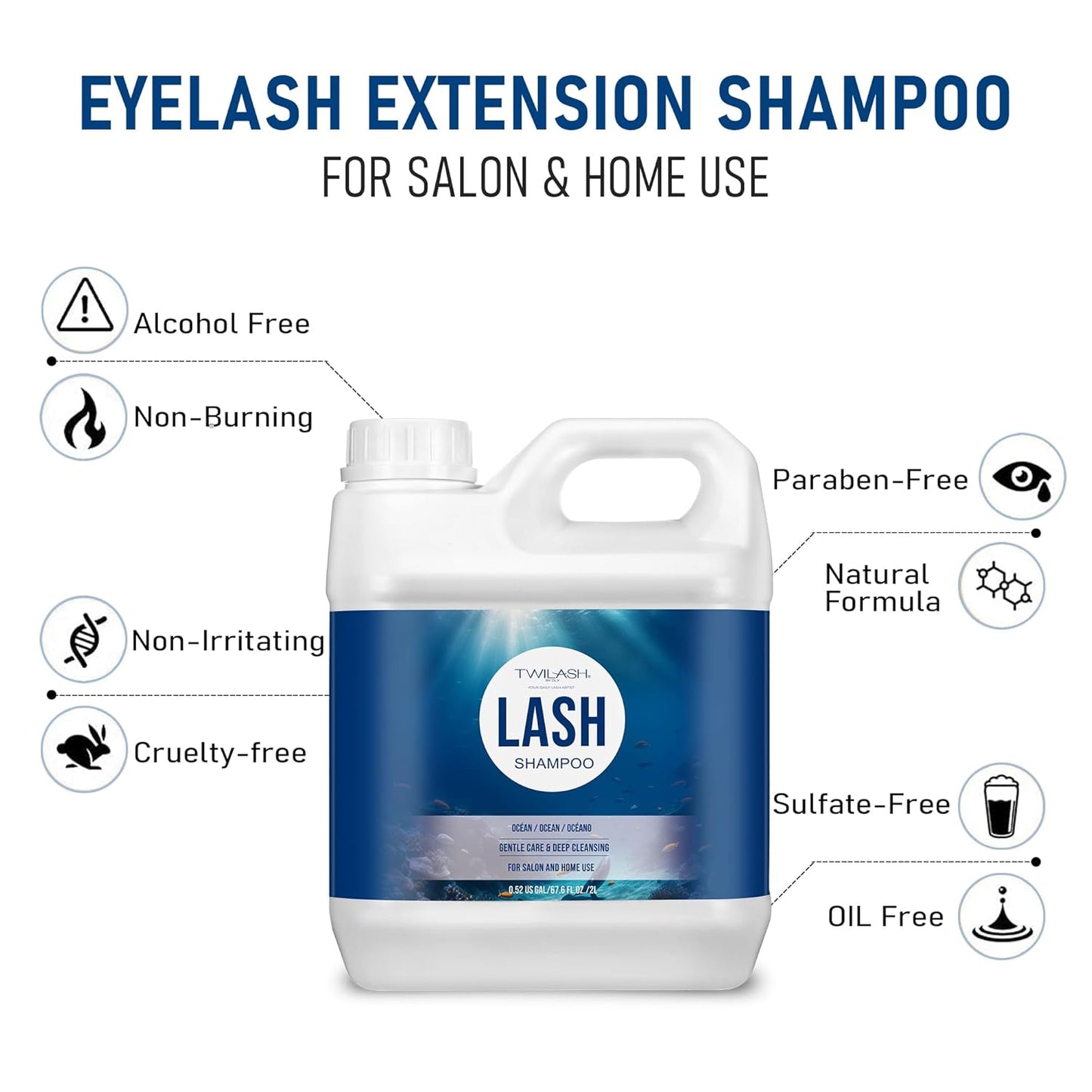 Lash Shampoo Bulk, Eyelash Cleanser for Extensions 2 Liters, Safe Makeup Remover, Non-irritating or Burning Eyelid Foaming Cleanser for Professional Salon and Home Use (Ocean-2L)