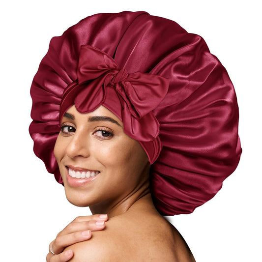 BONNET QUEEN Silk Bonnet for Sleeping Women Big Satin Bonnet Night Sleep Cap Wrap for Curly Hair with Adjustable Tie Band, Single Layer, Large, Burgundy