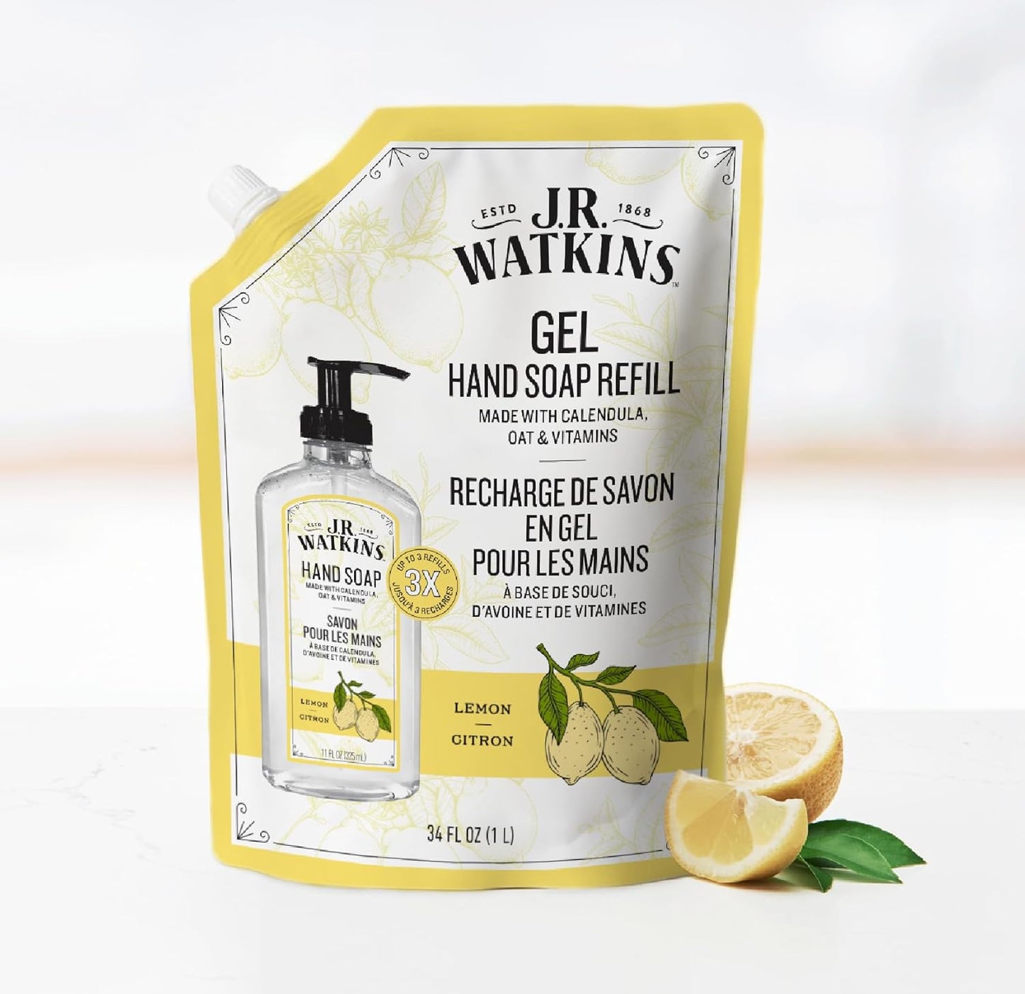 J.R. Watkins Gel Hand Soap Refill, Moisturizing Hand Wash, Formulated with Plant-Based Cleansers, Alcohol-Free, Cruelty-Free, Lemon, 34 Fl Oz, 2 Pack