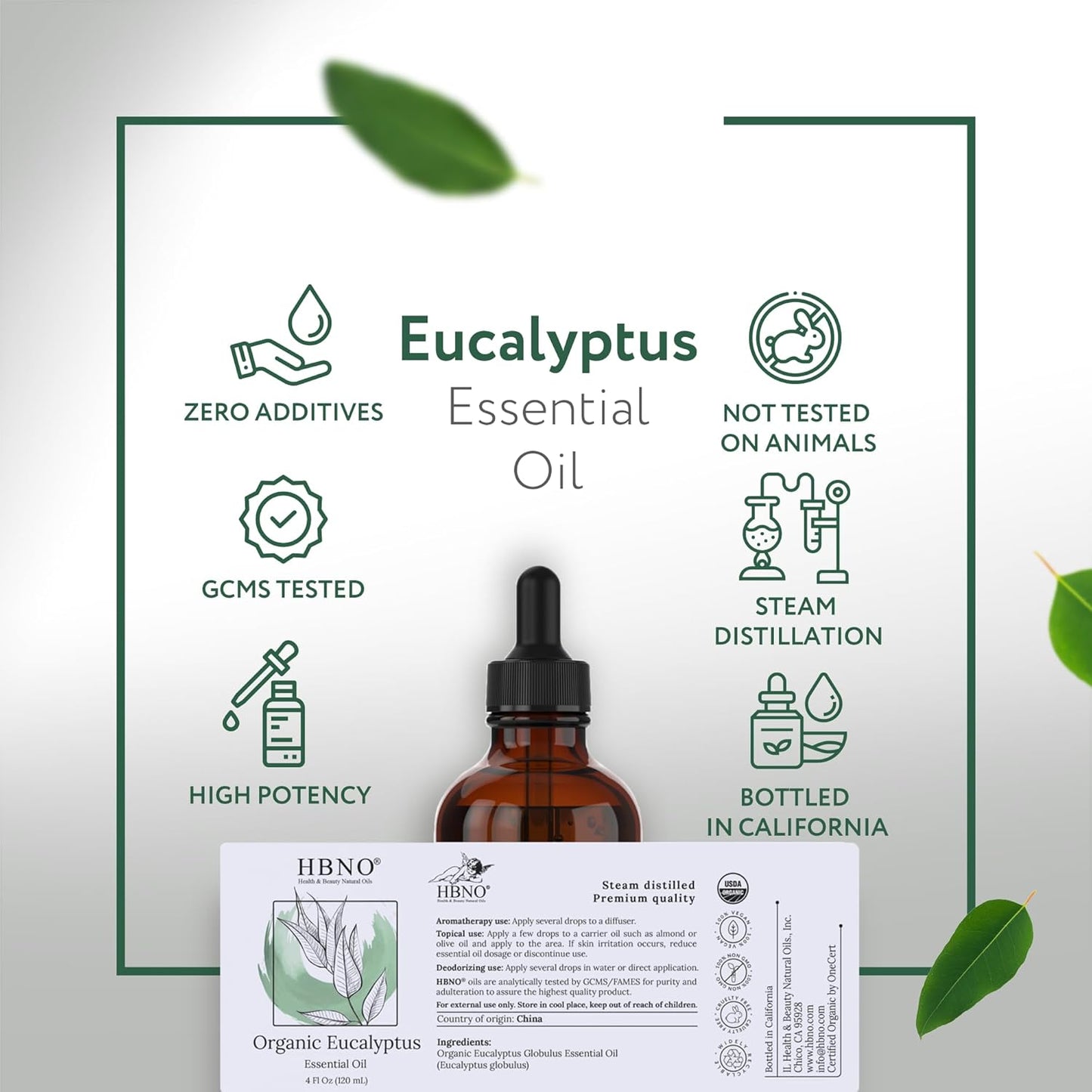 HBNO California Bottled Organic Eucalyptus Essential Oil (Globulus) - 4 fl oz (120ml) - USDA Certified Organic - Ideal for Diffuser, Hair, Face, Skin Care, Aromatherapy, Scalp & Body Massage