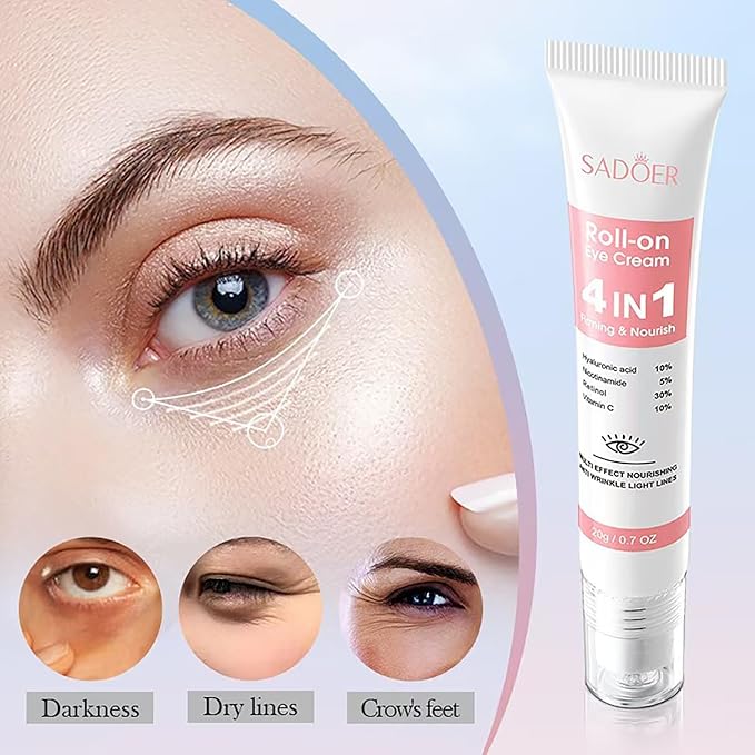 Eye Cream with 30% Retinol, 10% Hyaluronic Acid, 5% Nicotinamide, 10% Vitamin C for Puffy Bags Fine Lines Dark Circles Wrinkles, Under Eye Cream with 360° Roller Massage Ball, 0.7 fl. oz