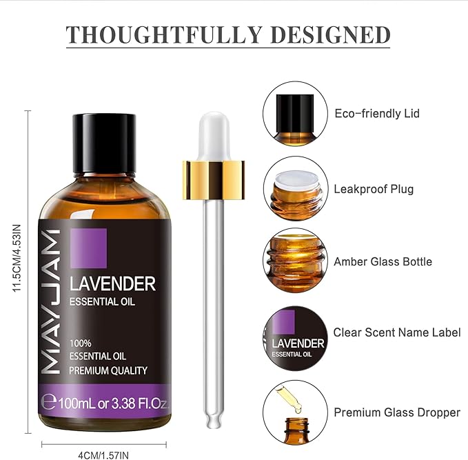 Lavender Essential Oil 100ML, MAYJAM Pure Essential Oils for Diffusers, Massage, Lavender Oil for Soap Candle Making, Huge 3.38FL.OZ Bottle