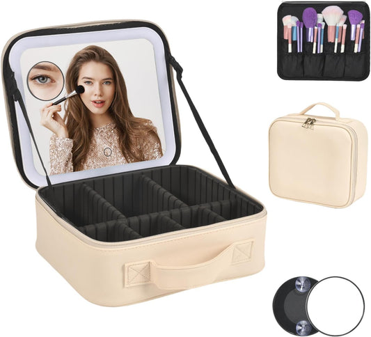 Travel Makeup Bag With LED Mirror,Cosmetic Train Case with 3 Color Setting,Cosmetic Makeup Organizer Bag with Adjustable Dividers,Portable Make up Box with Make up Brushes Holder Storage（Beige）
