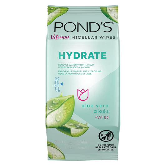 Pond's Vitamin Micellar Wipes For Dry Skin Hydrate Aloe Vera Removes Waterproof Makeup 25 Wipes
