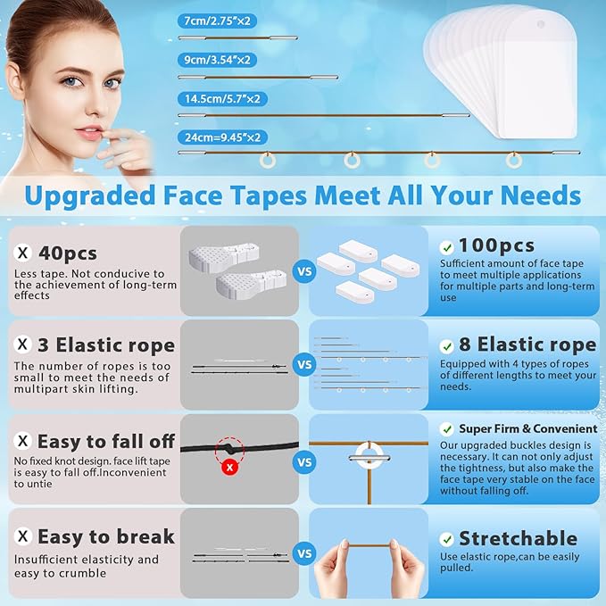 Face Lift Tape Invisible,Face Tape Lifting Invisible 100PCS Neck Tape Face Lift Tapes and Bands with 8 Strings Facelift Face Lifter Instant Facial Tape for Makeup Eyes Jowls Double Chin Sagging Skin