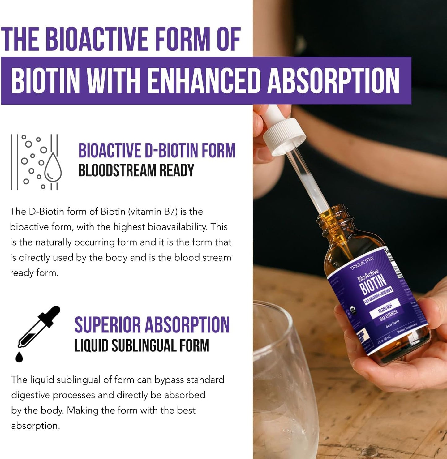 Triquetra Health Biotin Hair Support for Women – Organic 10000mcg USP Grade – Premium Liquid Supplement for High Absorption – Supports Healthy Hair, Skin & Nails – Berry Flavor – 180 Servings – 2 oz