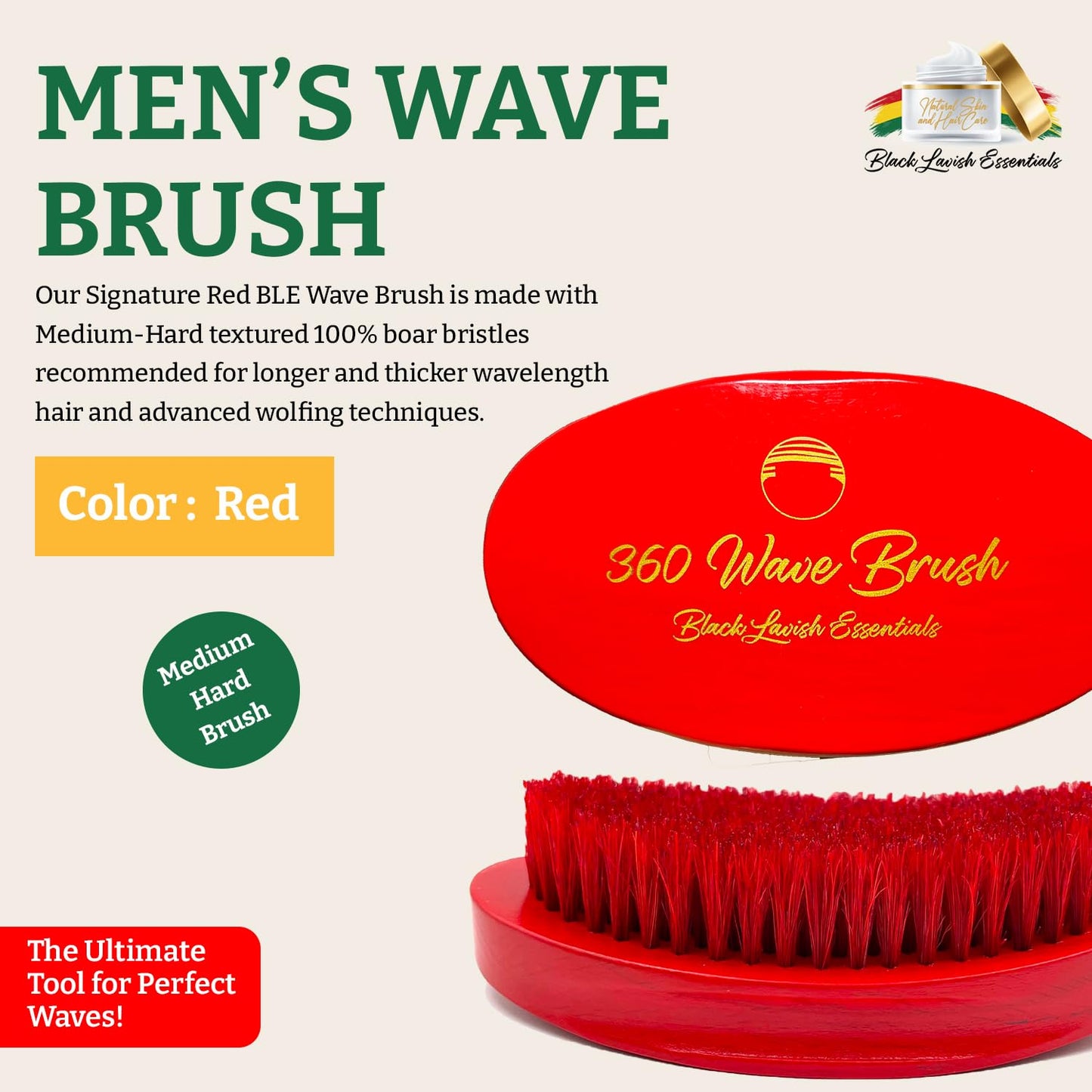 360 Wave Brush, Build Deeper Waves, Soft & Hard Boar Bristle Curved Brushes BLACK LAVISH ESSENTIALS (Medium-Hard, Red)