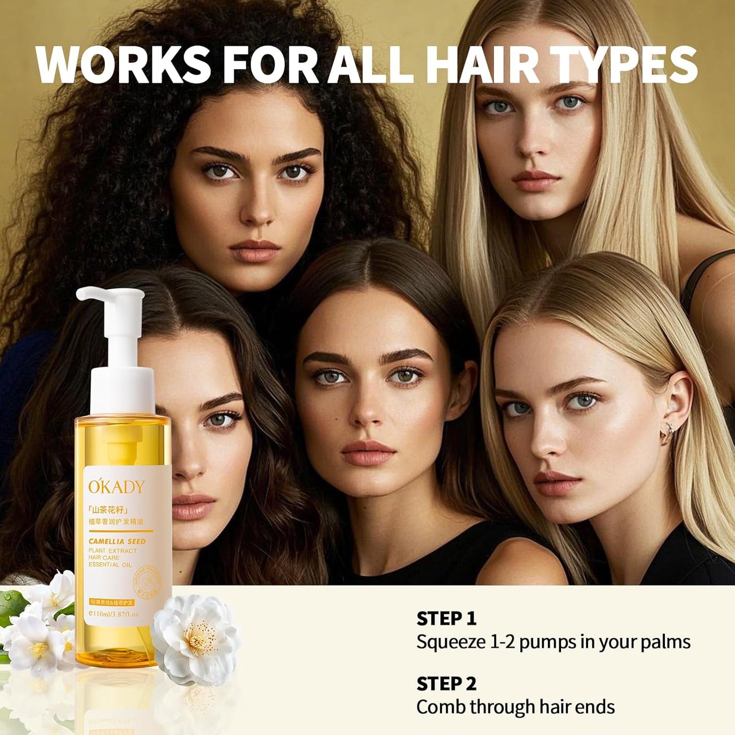 Camellia Seed Hair Oil - Split Ends & Dry Scalp Treatment,Adds Shine & Softness, Moisturizing & Encouraging Longer for Frizzy Hair Care, Women & Men, 110ML