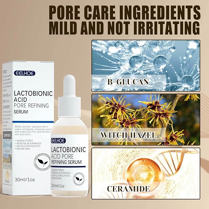 Lactobionic Acid Pore Refining Serum,Minimize Pores Serum Gentle Formula Clean Pore Shrink Pore Firming Skin Reduce Fine Lines Facial Liquid for All Skin