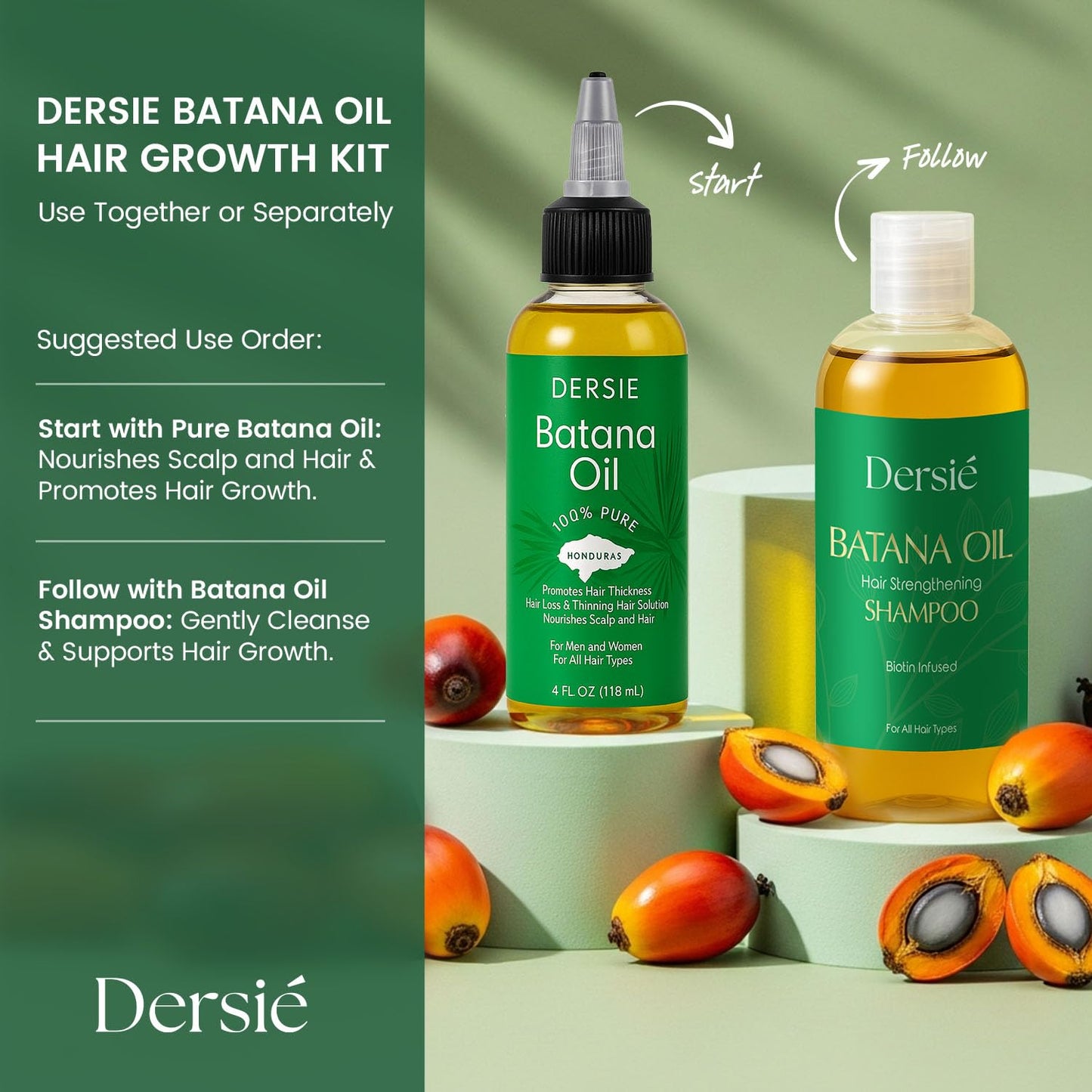 Dersie Batana Oil for Hair Growth Kit – 100% Pure Batana Oil & Batana Shampoo Sourced from Honduras – Promotes Hair Growth & Nourishes Scalp – For Hair Loss, Thinning Hair, Dry, Damaged & Curly Hair