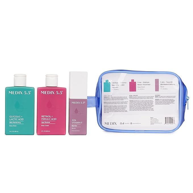 MEDIX 5.5 Best Sellers Travel Kit Skin Care Set - Retinol Body Lotion + Glycolic Acid Exfoliating Body Wash + 20% Vitamin F Body Oil 3PC Skincare Set | Crepey Skin Care Treatment, 3 Piece Travel Kit