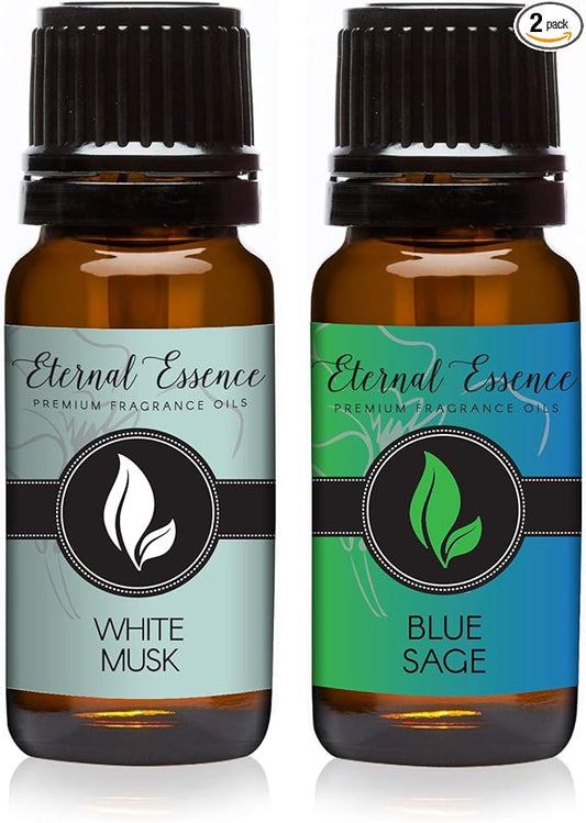 Eternal Essence Oils 2 Pack 10ml Premium Fragrance Oil - White Musk & Blue Sage - for Candle, Soap Making, Aromatherapy, Diffusers, Home Care, & Humidifiers