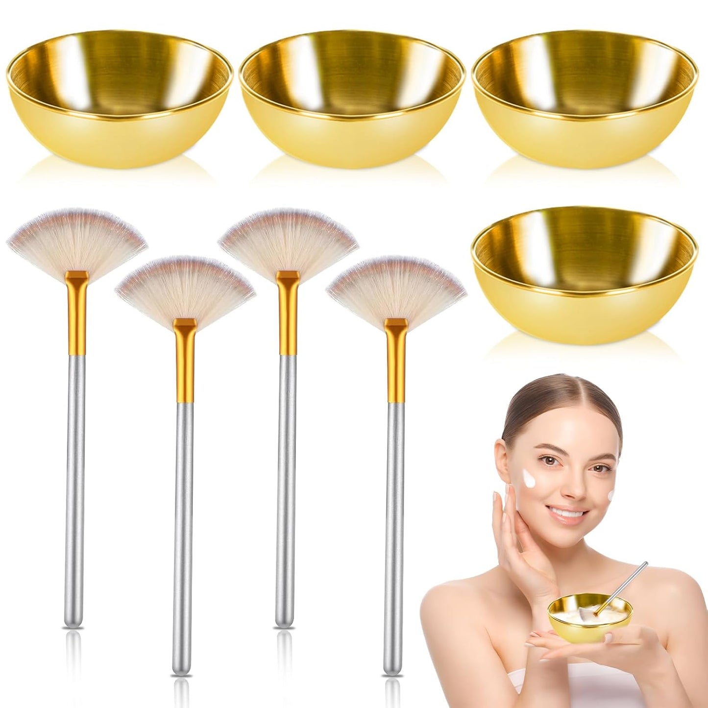 8 Pcs Gold Facial Bowl and Brush Set 4 Gold Stainless Steel Mixing Bowls 4 Facial Fan Brushes Esthetician Face Mask Brush for Mud Cream Makeup Spa Salon (8 Pcs)