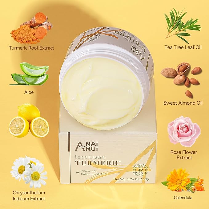 ANAI RUI Facial Moisturuzier, Turmeric Face Cream with Vitamin C for Hydrating, Firming, Tightening Skin, Turmeric Vitamin C Cream for Dark Spots, Dry Skin, 1.76 OZ