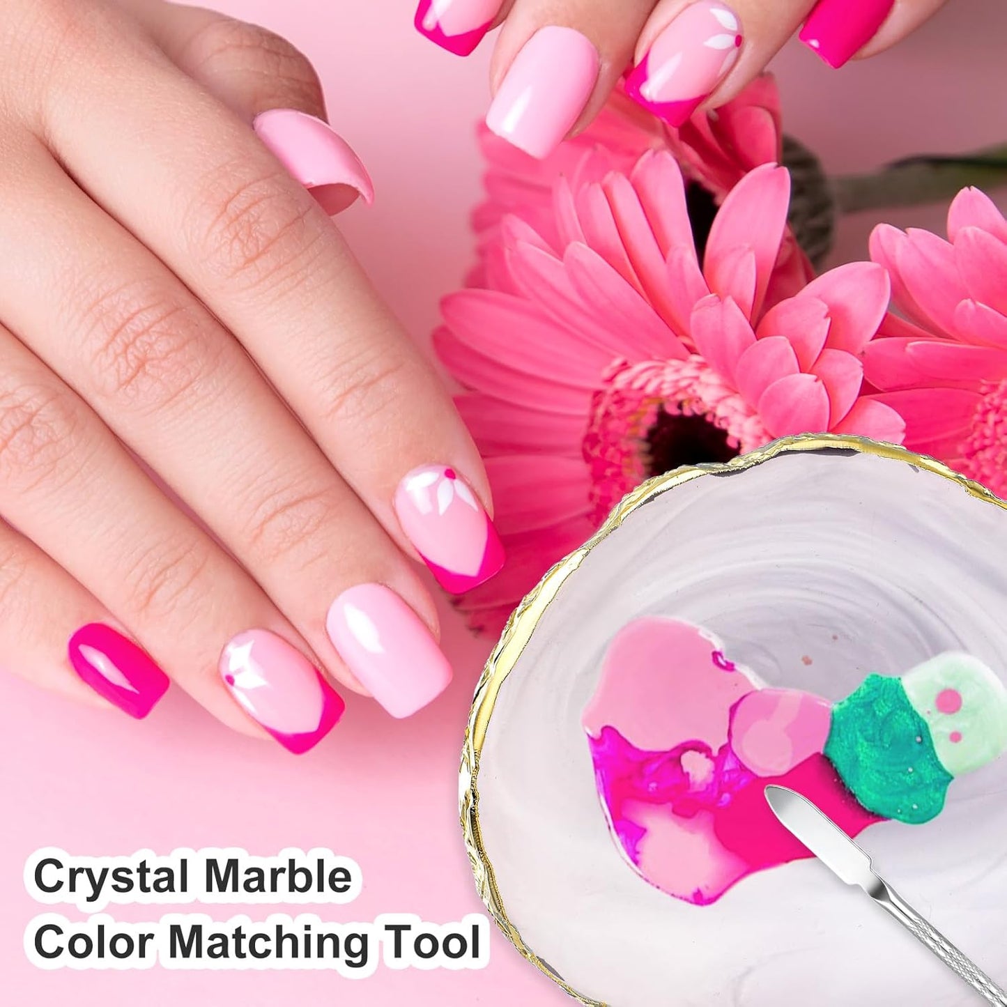 2 Pcs Nail Color Mixing Palette Nail Polish Palette With Silver Stirring Rod Gold Edge Color Makeup Display Board Nail Mixing Palette Cosmetic Mixing Tools For Gel Polish Nail Art Plate In Pink Gray