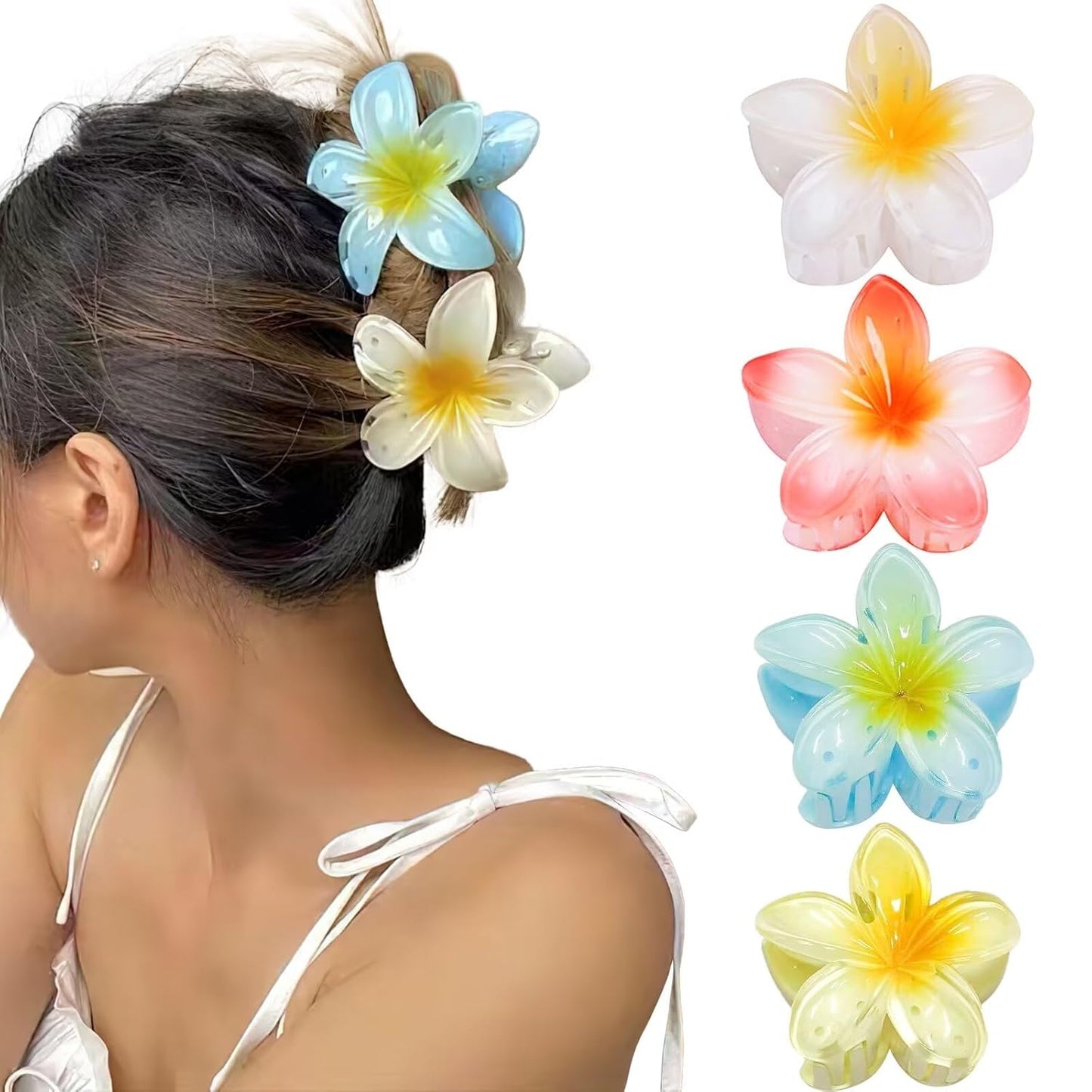 Flower Hair Claw Clips-4PCS Large Claw Clips for Thick Hair,Strong Hold Nonslip Hair Clips for Women,Hawaiian Flower Claw Clips,Cute Hair Clips,Banana Clip for Thin Hair,Hair Accessories for