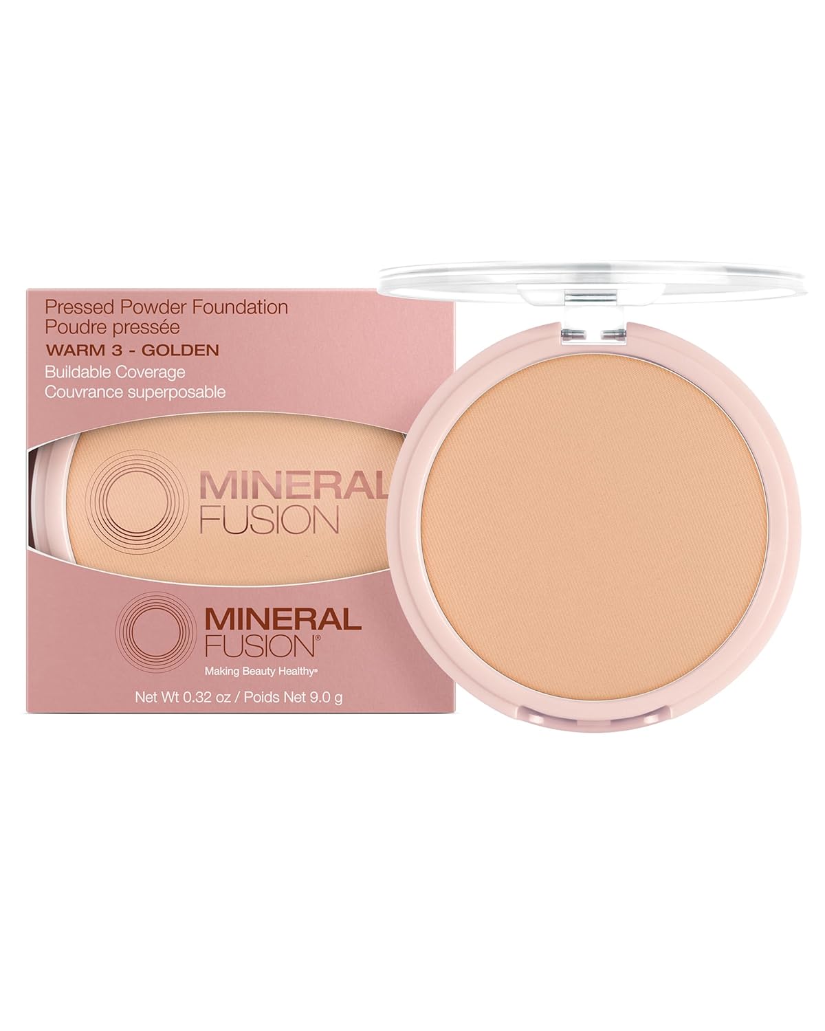 Mineral Fusion Pressed Powder Foundation - Matte Finish Face Powder for Med/Tan Skin with Yellow Undertones - Age Defying Natural Makeup - Talc Free, Vegan, Hypoallergenic (Warm 3)