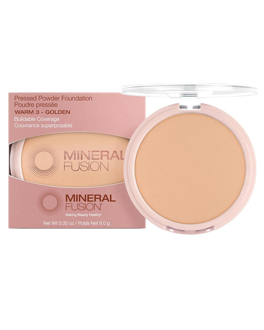Mineral Fusion Pressed Powder Foundation - Matte Finish Face Powder for Med/Tan Skin with Yellow Undertones - Age Defying Natural Makeup - Talc Free, Vegan, Hypoallergenic (Warm 3)