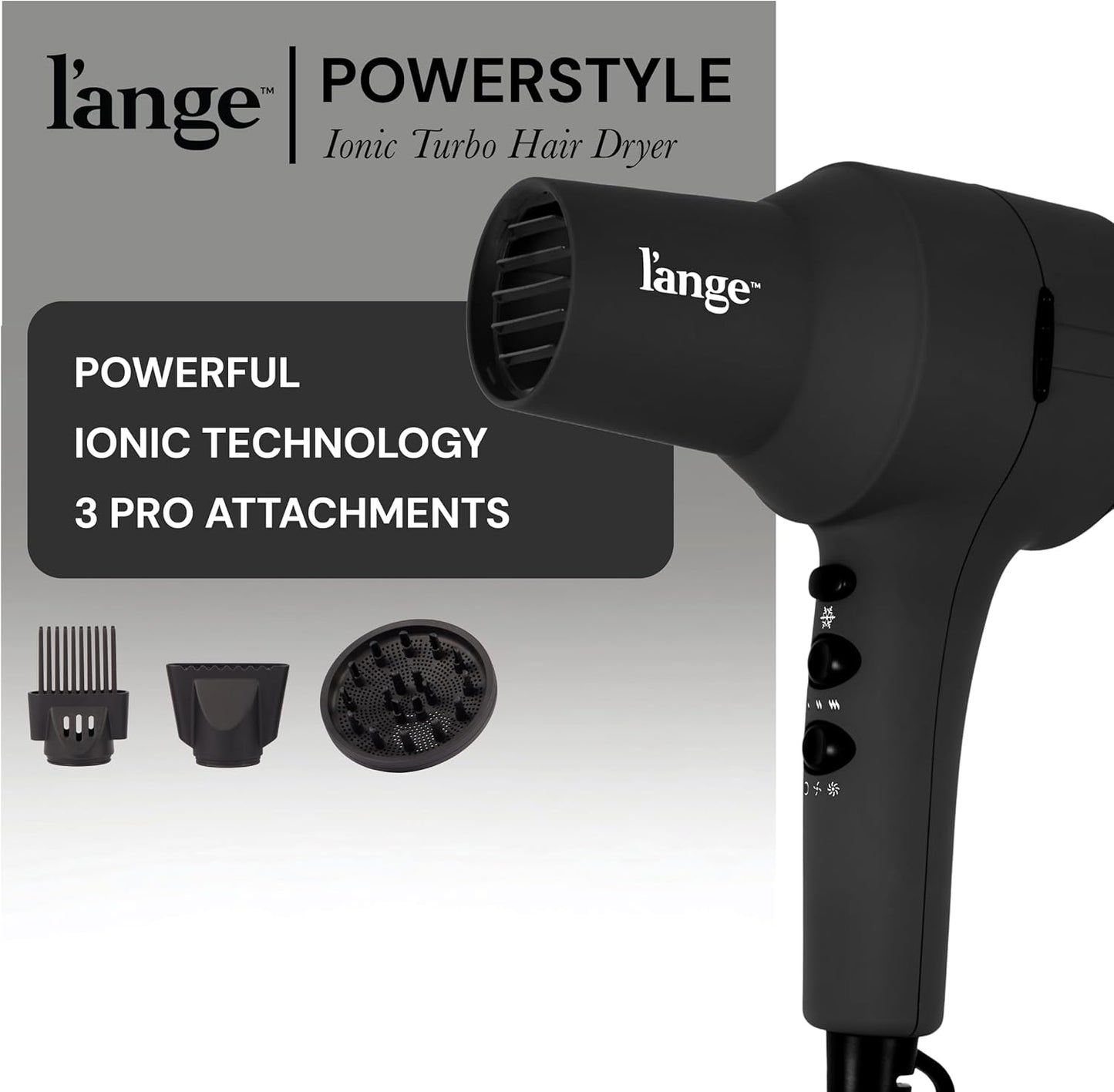 L'ANGE HAIR PowerStyle Ionic Turbo Hair Dryer | 1875W Fast Drying & Precision Styling for Long-Lasting, Frizz-Free Looks | Advanced Ionic Technology Smooths & Shines Hair (Black)