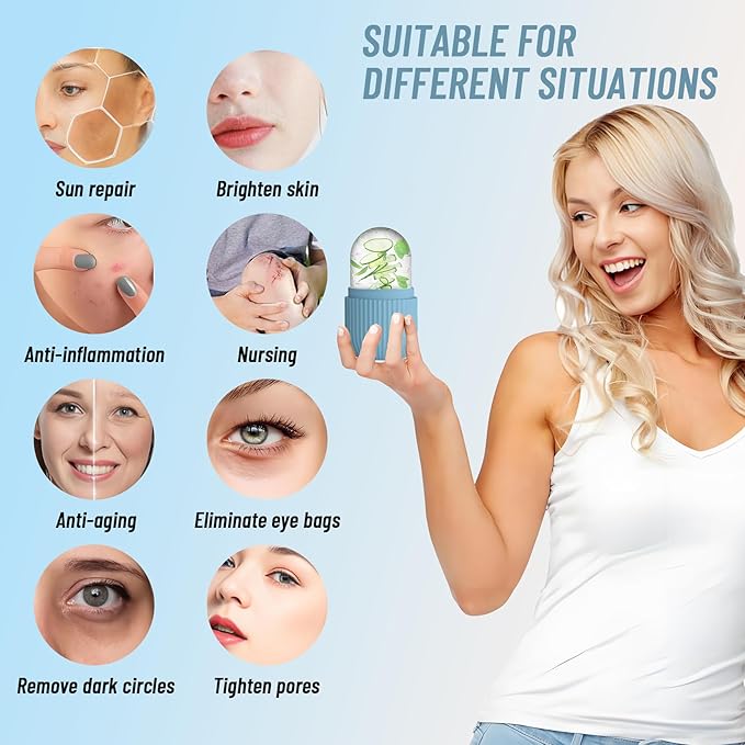 Upgraded Facial Ice Roller for Self Skin Care of all Types, Cold Face Ice Roller Facial Massager for Shrink Pores Anti Wrinkle Reduce Puffiness Improve Skin Elasticity, Striped (Blue)